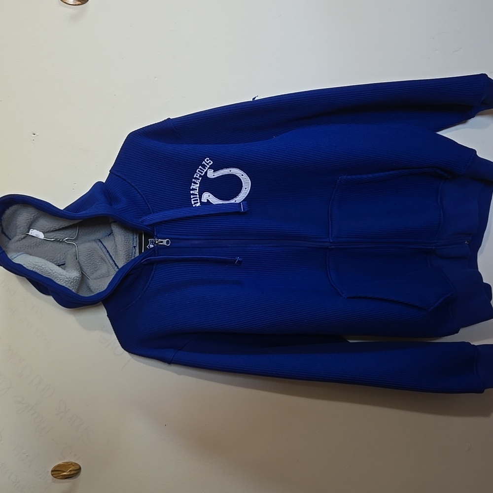 C5 NFL Hoodie Men M Blue White COLTS Horseshoe Waffle Knit Full Zip Sherpa Lined